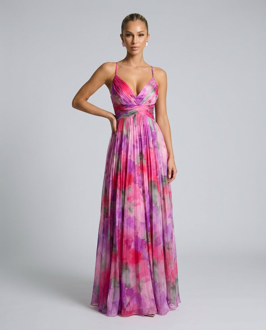 Liv | Pleated Open-Back Spaghetti Strap Maxi Dress