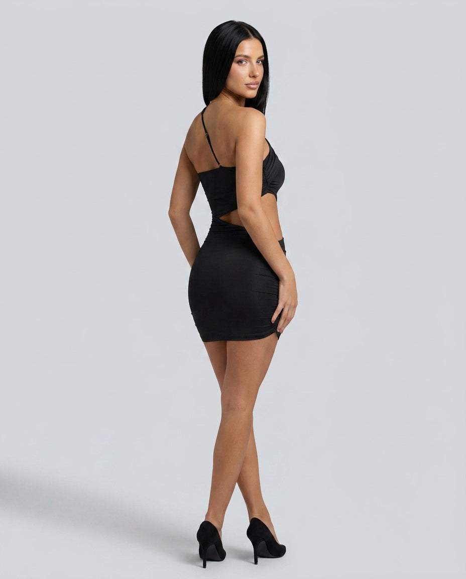 Bianca | Ruched Cut-Out Asymmetric Mini Dress