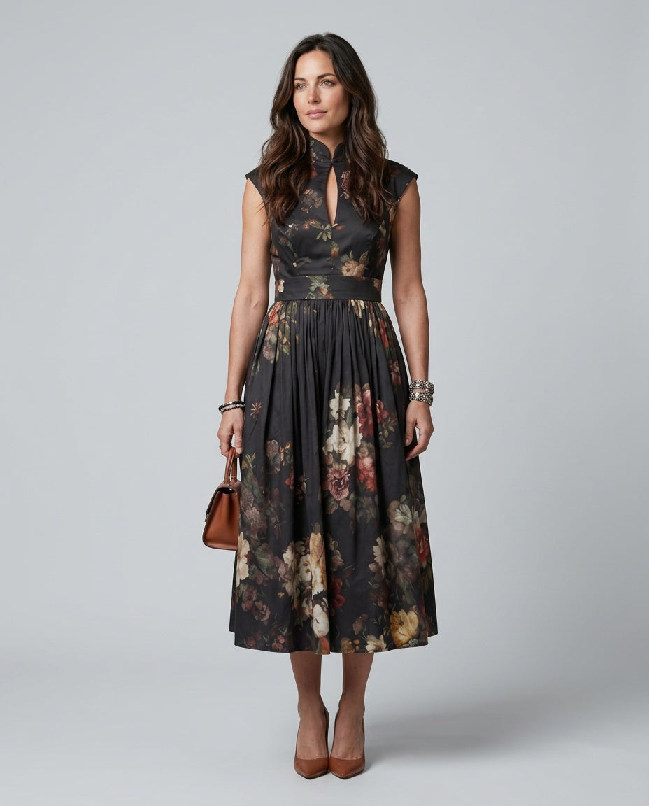 Paloma | High Neck Keyhole Floral Pleated Midi Dress