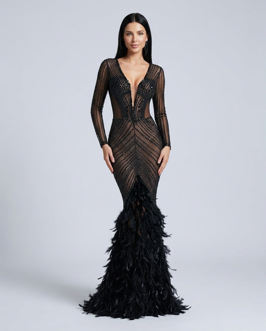 Verity | Rhinestone Feather Mermaid Mesh Maxi Dress