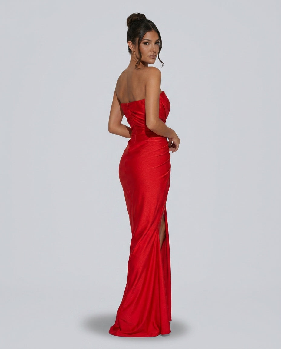 Camille | Strapless Ruched Satin-Look Maxi Dress