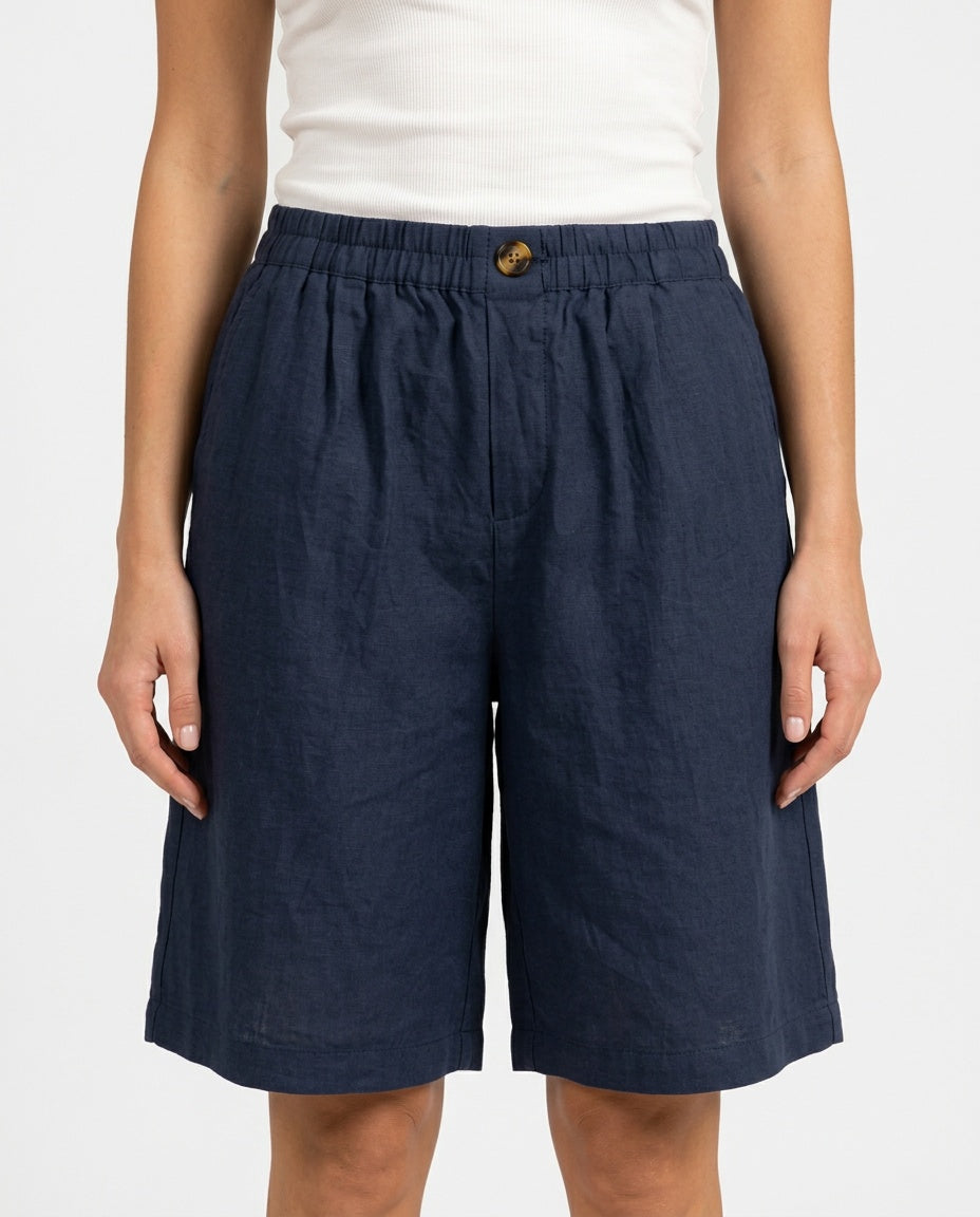 Odette | High Waist Linen Blend Bermuda Shorts