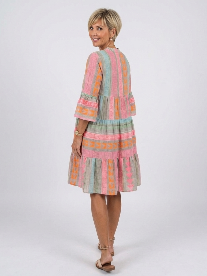 Maelle | Geometric Print V-Neck Tiered Midi Dress