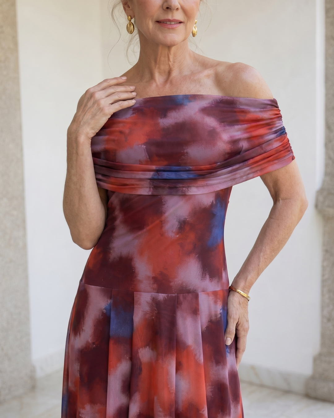 Liv | Off-Shoulder Watercolour Print Flowing Midi Dress