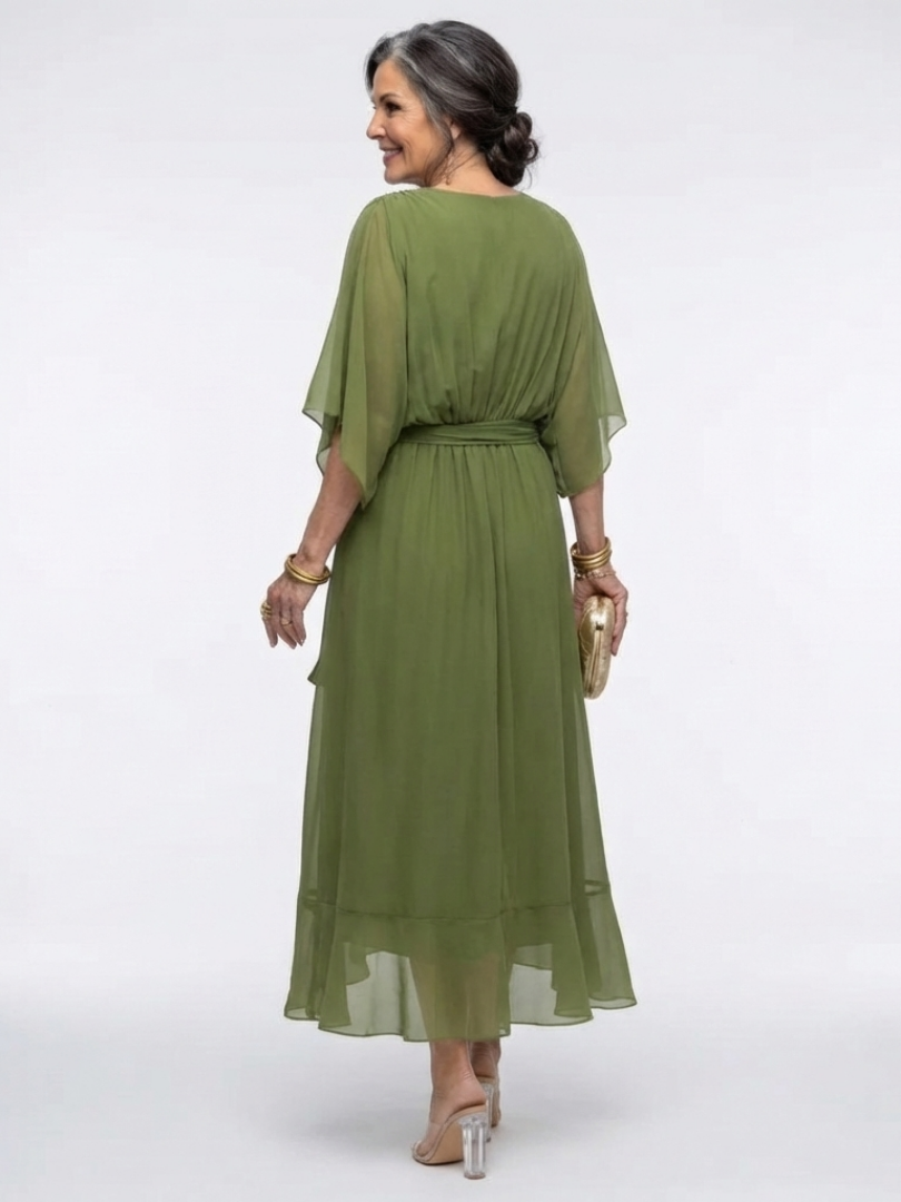 Delphine | V-Neck Draped Waist Tie Midi Dress