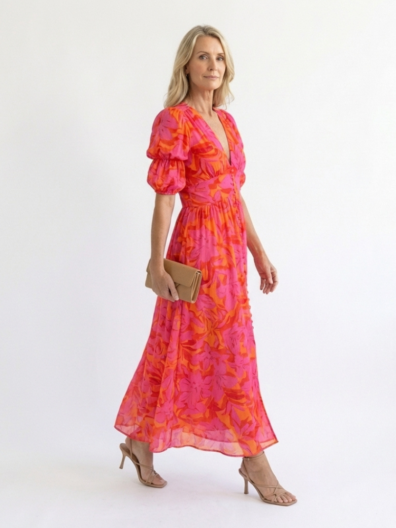 Paloma | Floral V-Neck Puff Sleeve Midi Dress