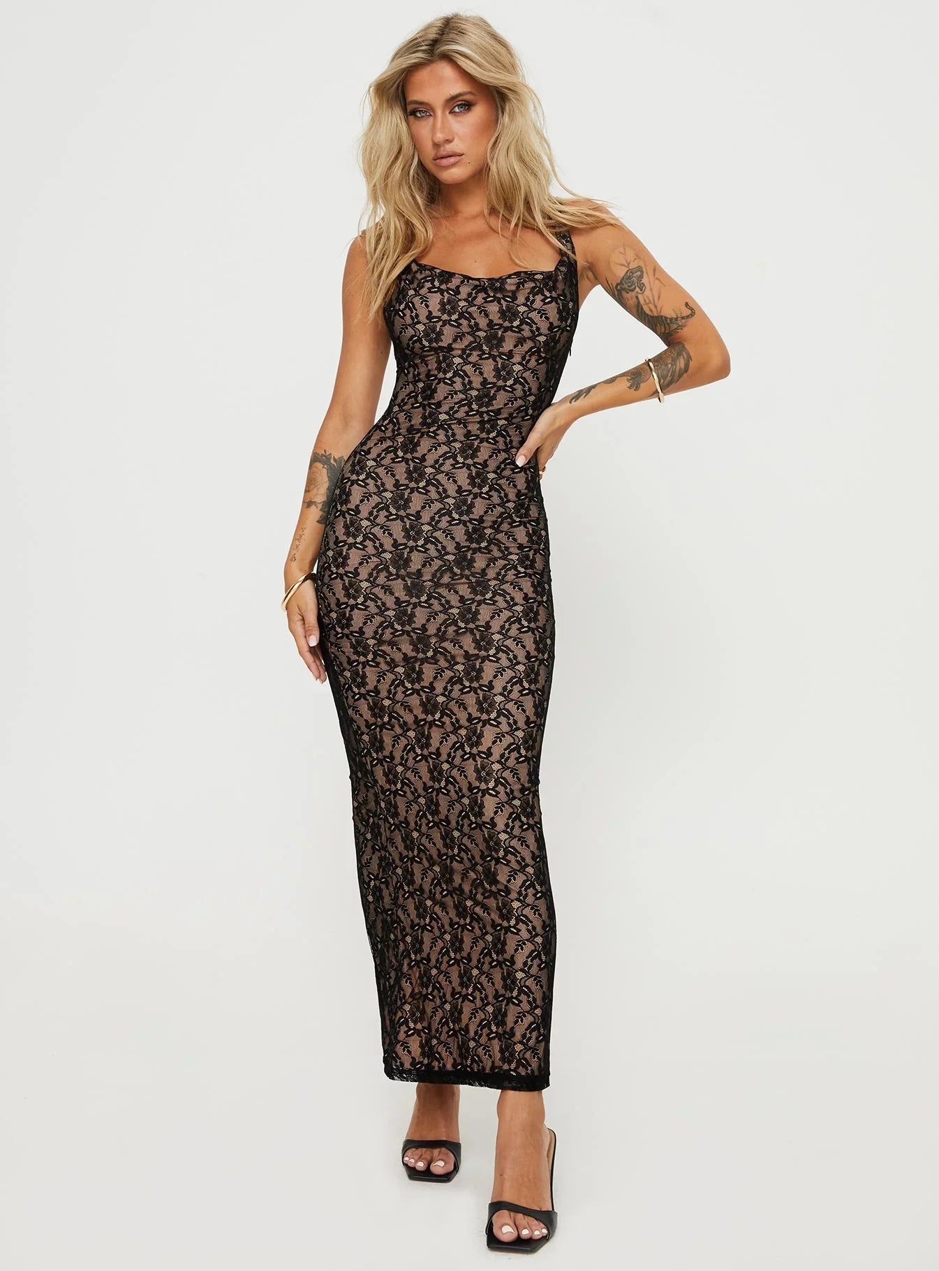 Romaine | Lace-Trim Cowl Neck Maxi Dress