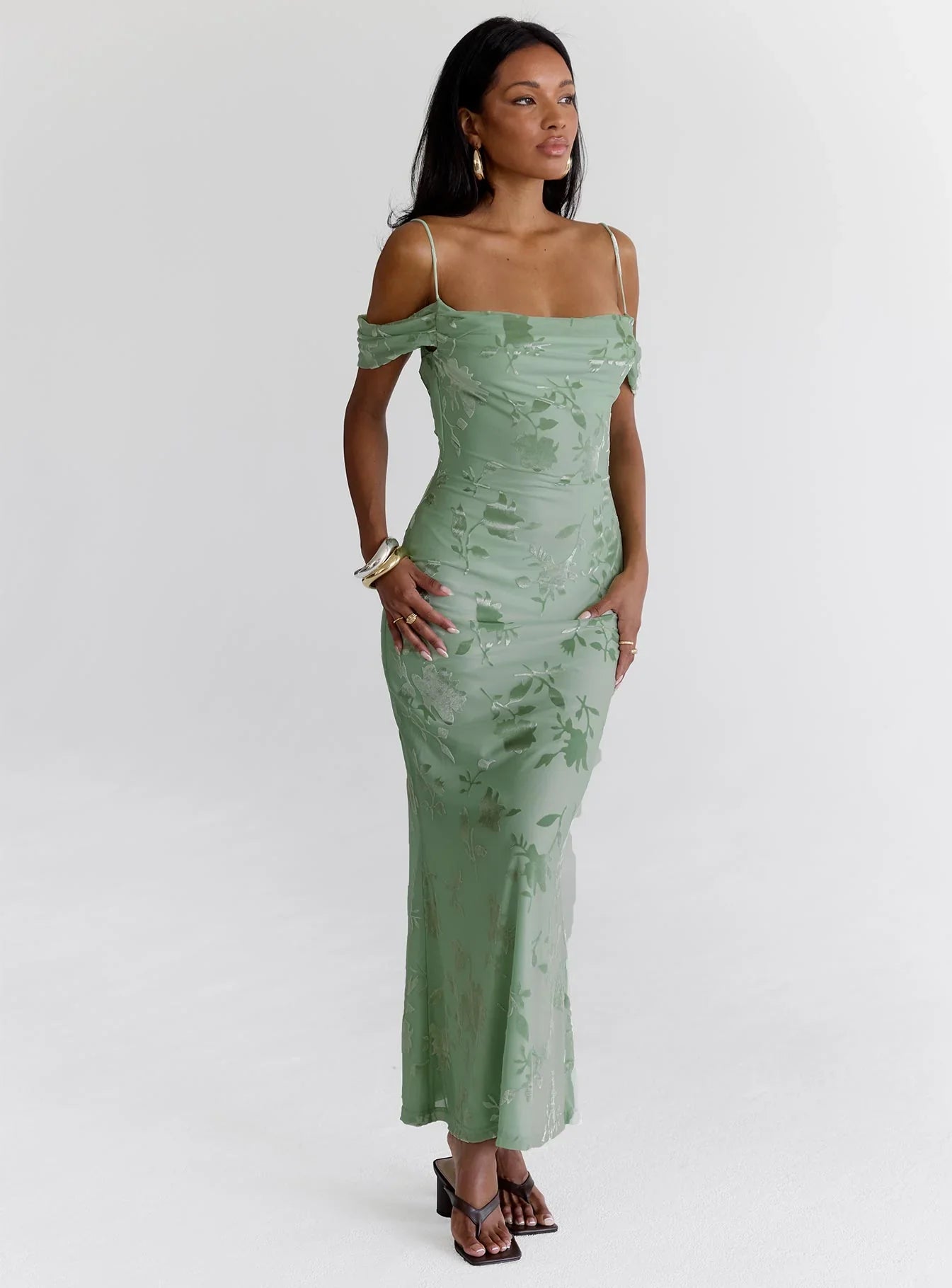 Sage | Off-Shoulder Floral Burnout Maxi Dress