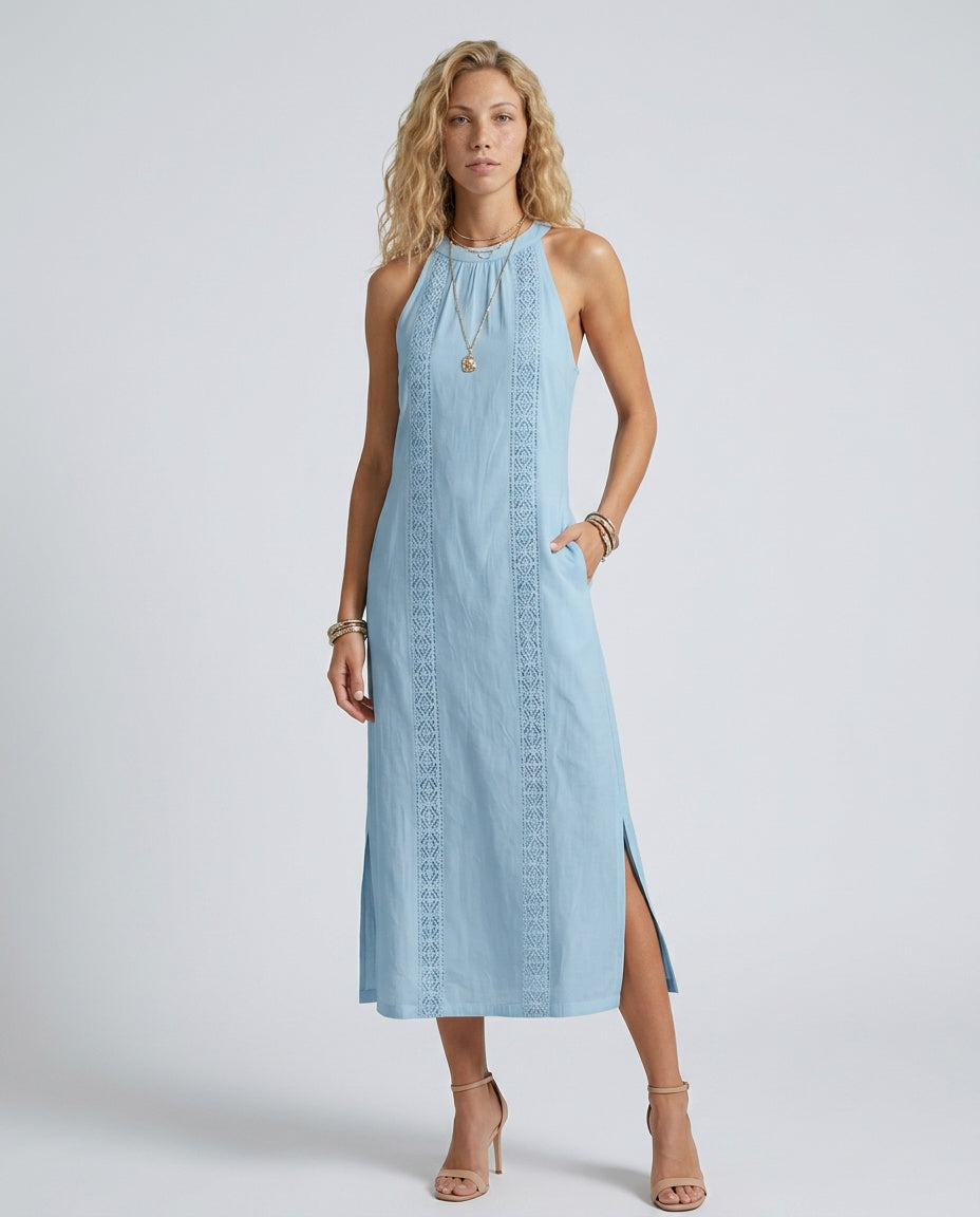 Margaux | High Neck Lace Detail Sleeveless Midi Dress