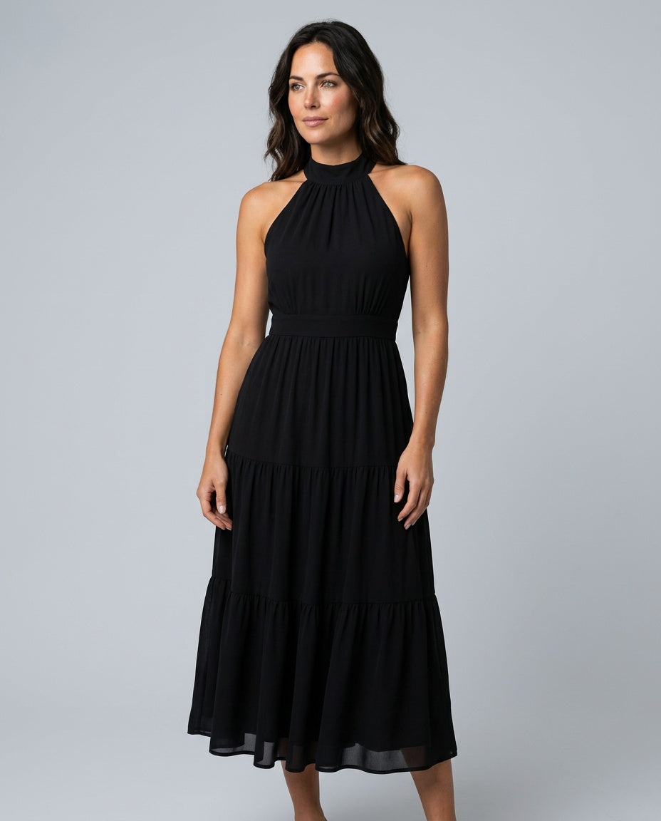 Iyla | Halter Neck Layered Hem Midi Dress