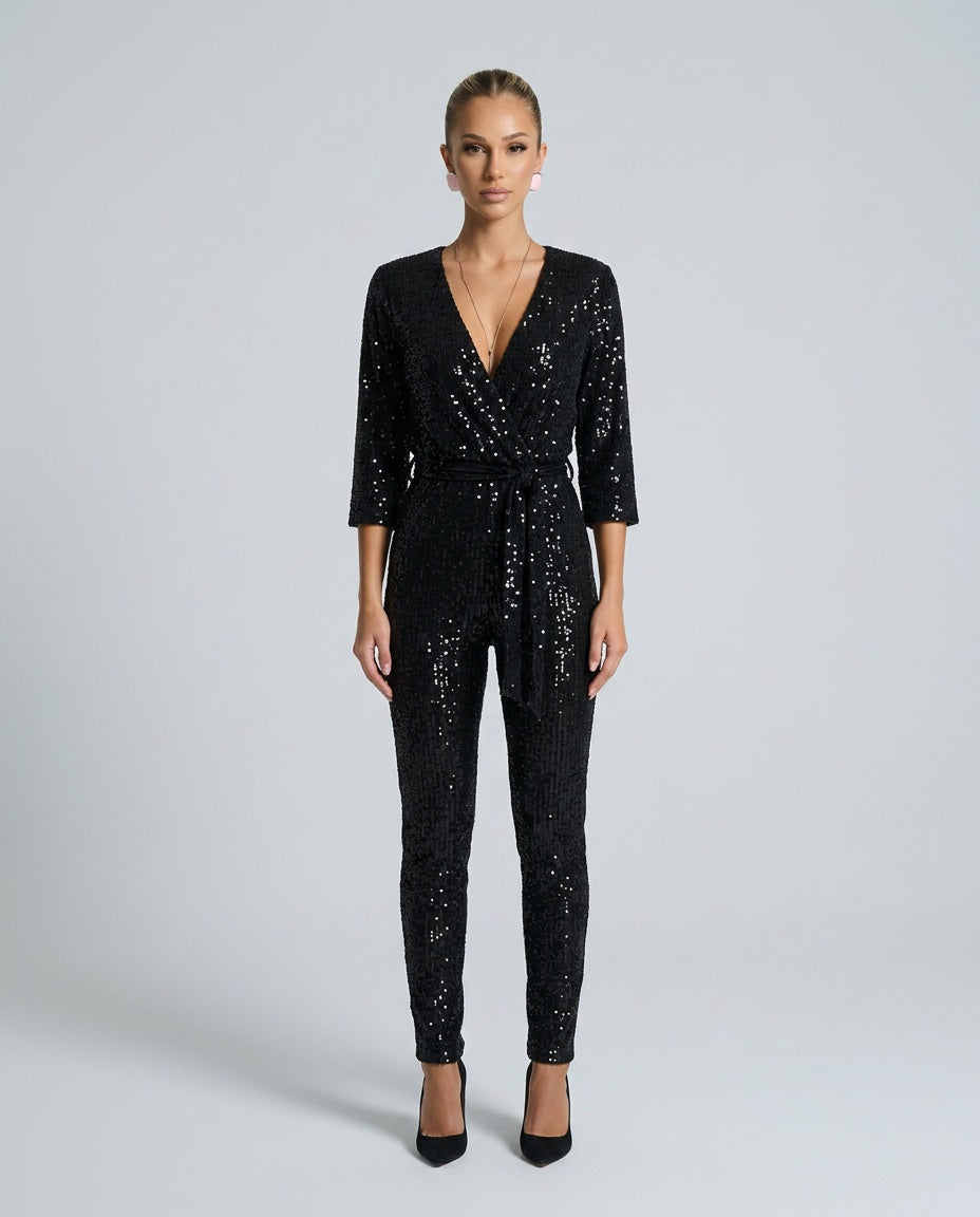 Aubrey | Long Sleeve Sequin Plunge Neck Jumpsuit