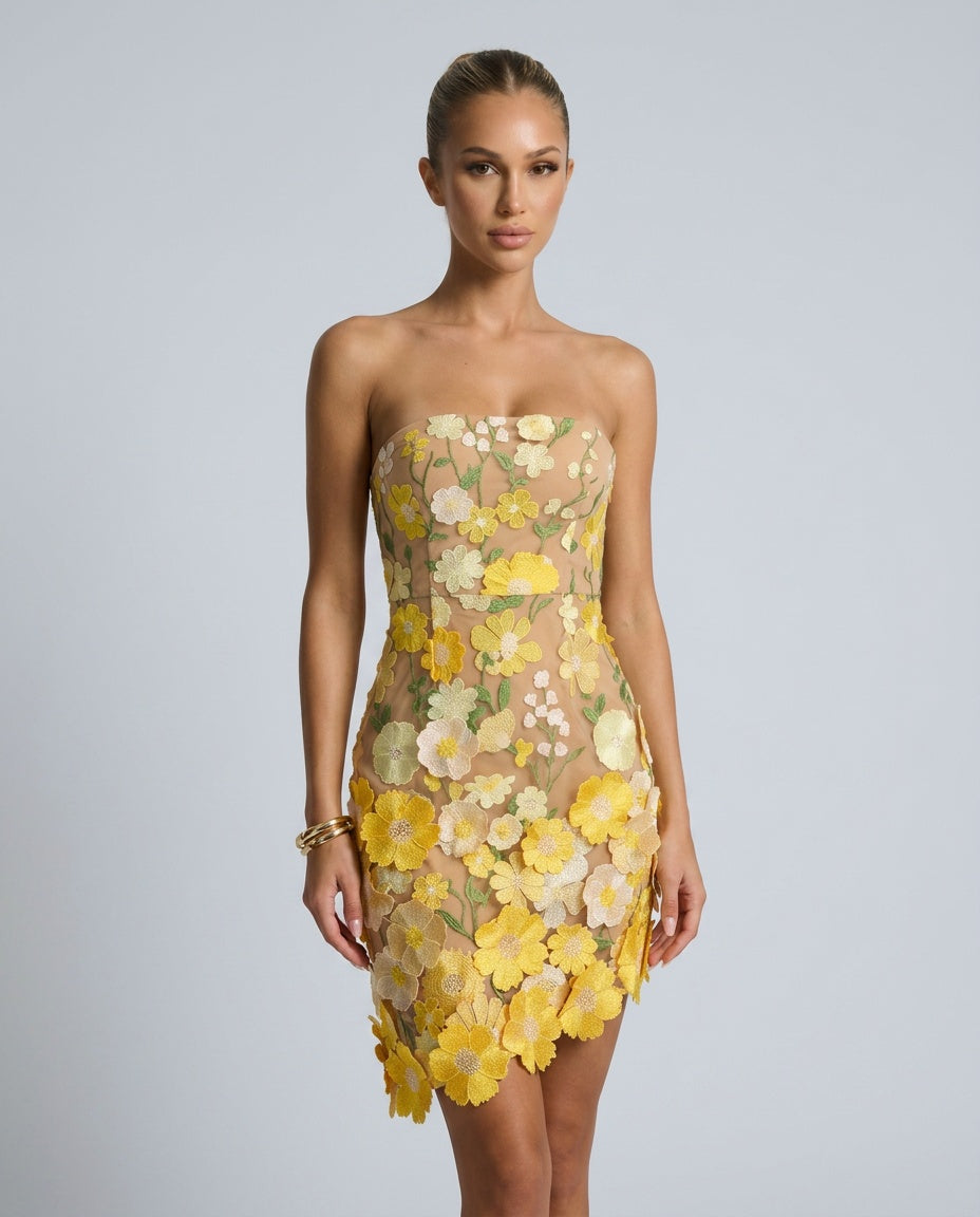 Sienna | Strapless Embroidered Flower Mini Dress