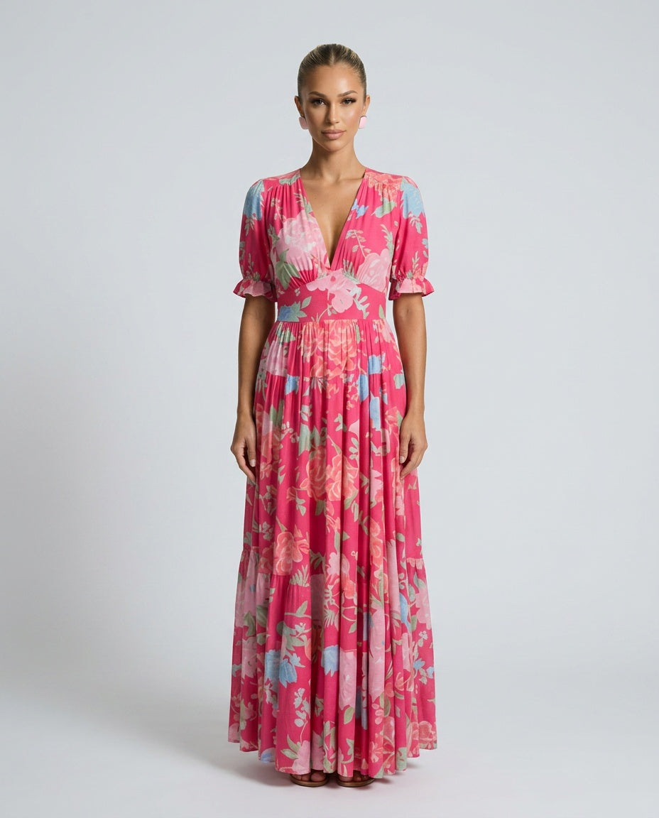 Josie | Short Sleeve V-Neck Floral Midi Dress