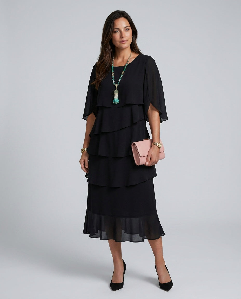 Ines | Layered Cape Sleeve Midi Dress