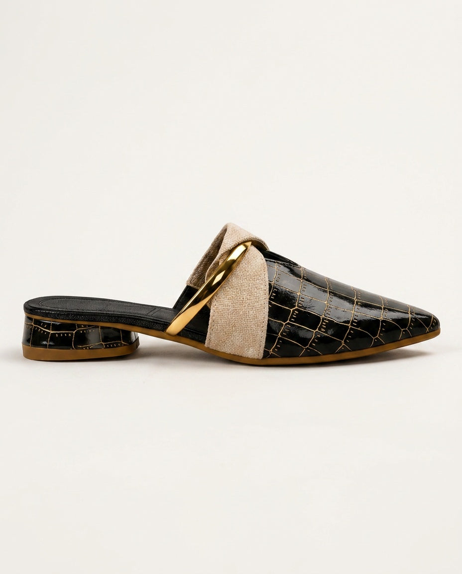 Juliette | Pointed Toe Croc Effect Mule Heels