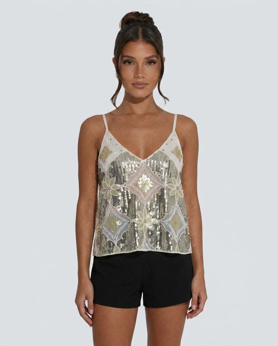 Zaria | Sequin & Pearl Embellished Sheer Mesh Top