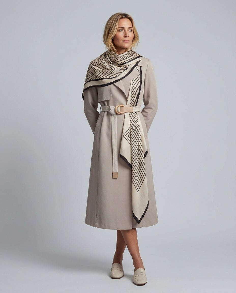 Noelia | Belted Geometric Scarf Midi Coat