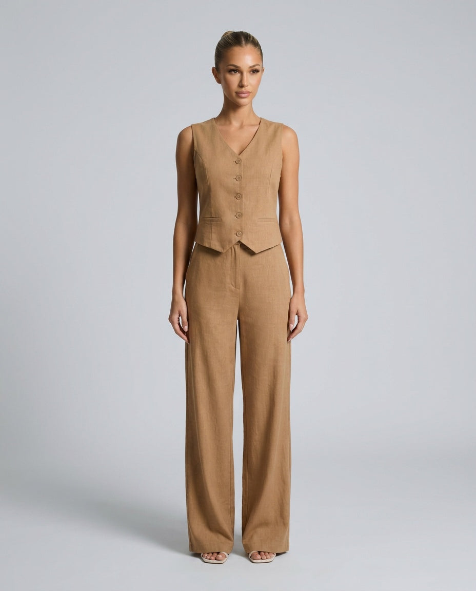 Sabine | Sleeveless Button Front Crop Top & Pleated Wide-Leg Trouser Set