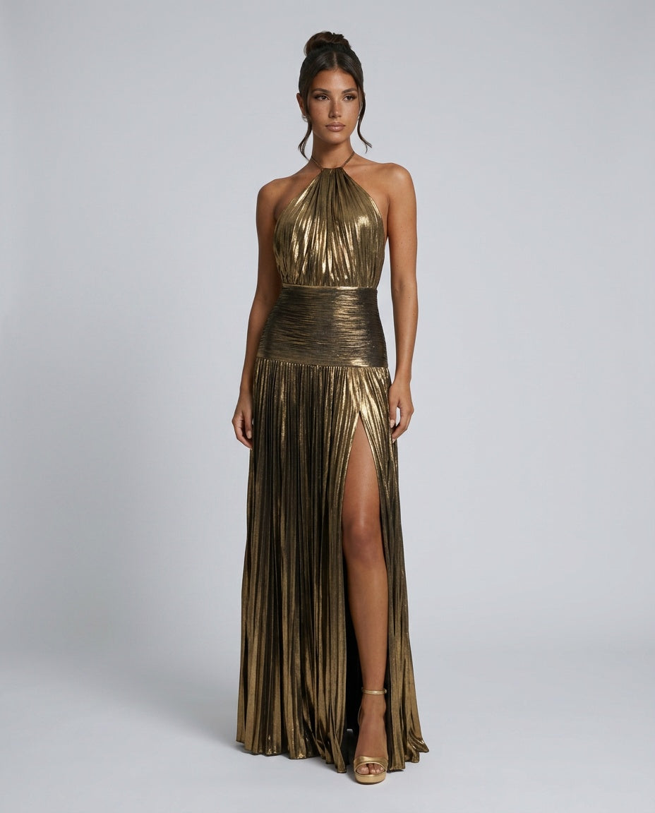 Hadley | Pleated Satin-Look Halter Neck Maxi Dress