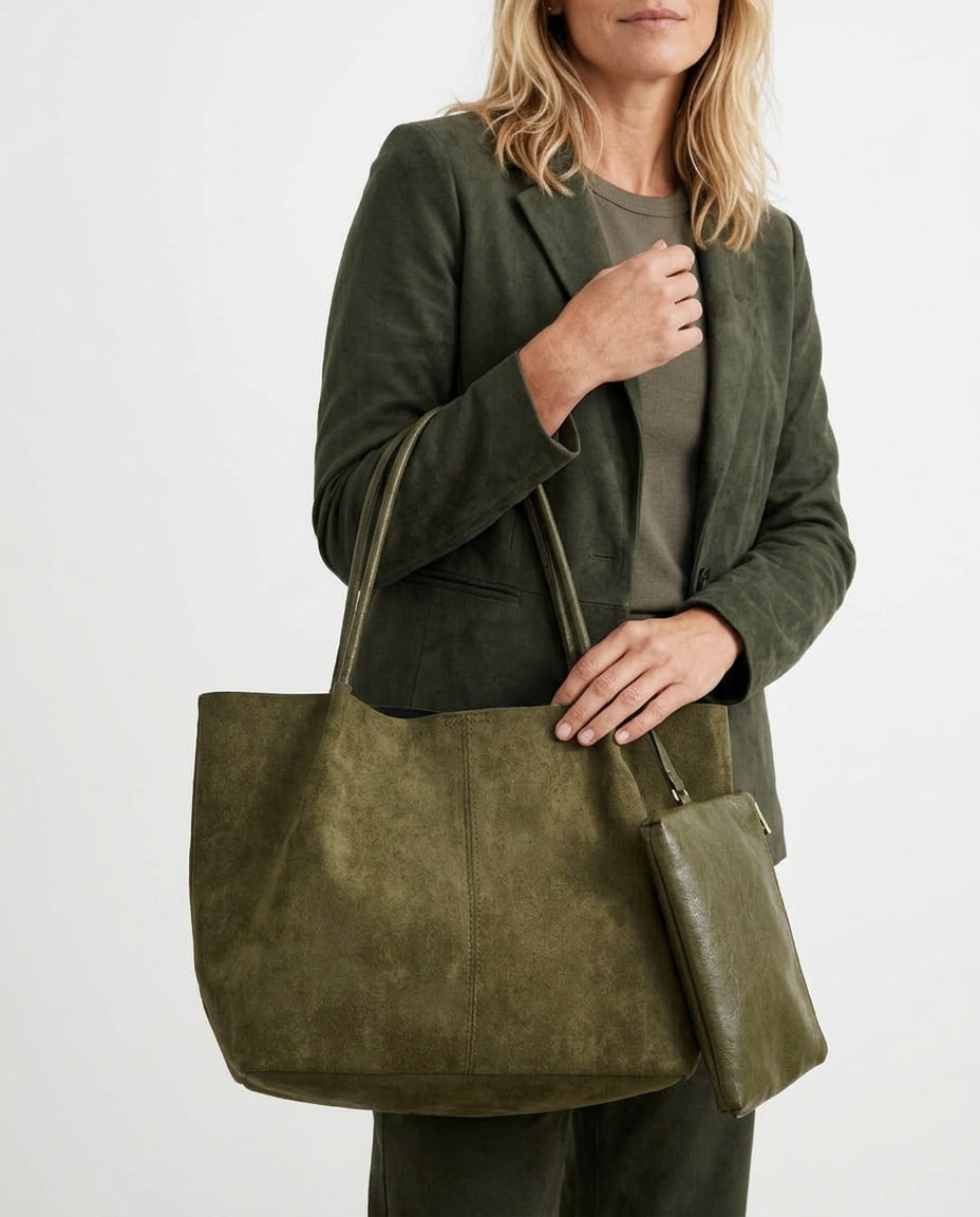 Retro Faux Suede Zip Tote Bag with Pouch