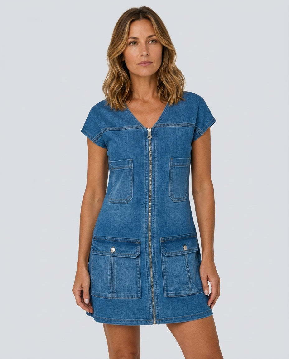 Selene | Zip-Front Casual Midi Dress with Pockets