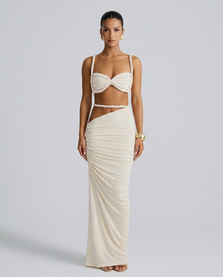 Tessa | Braided Strap Bustier & Ruched Maxi Skirt Set