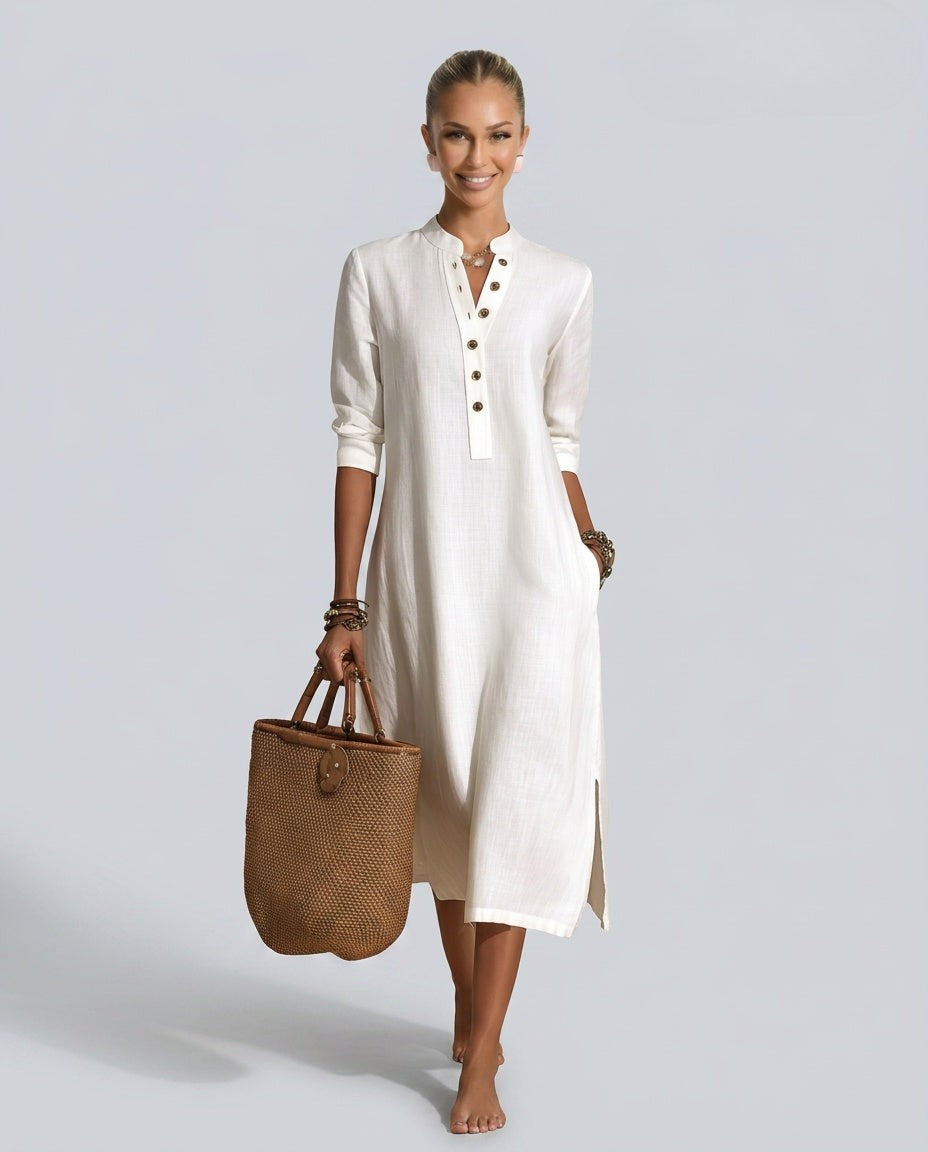 Nella | Short Sleeve Button-Front Linen-Blend Midi Dress