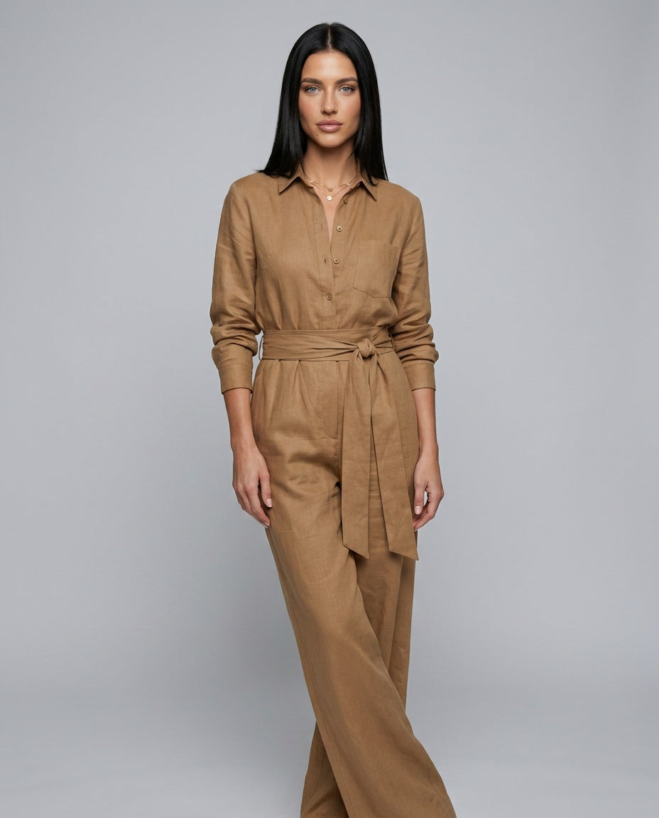 Jovie | Long Sleeve Button Front Wide Leg Jumpsuit