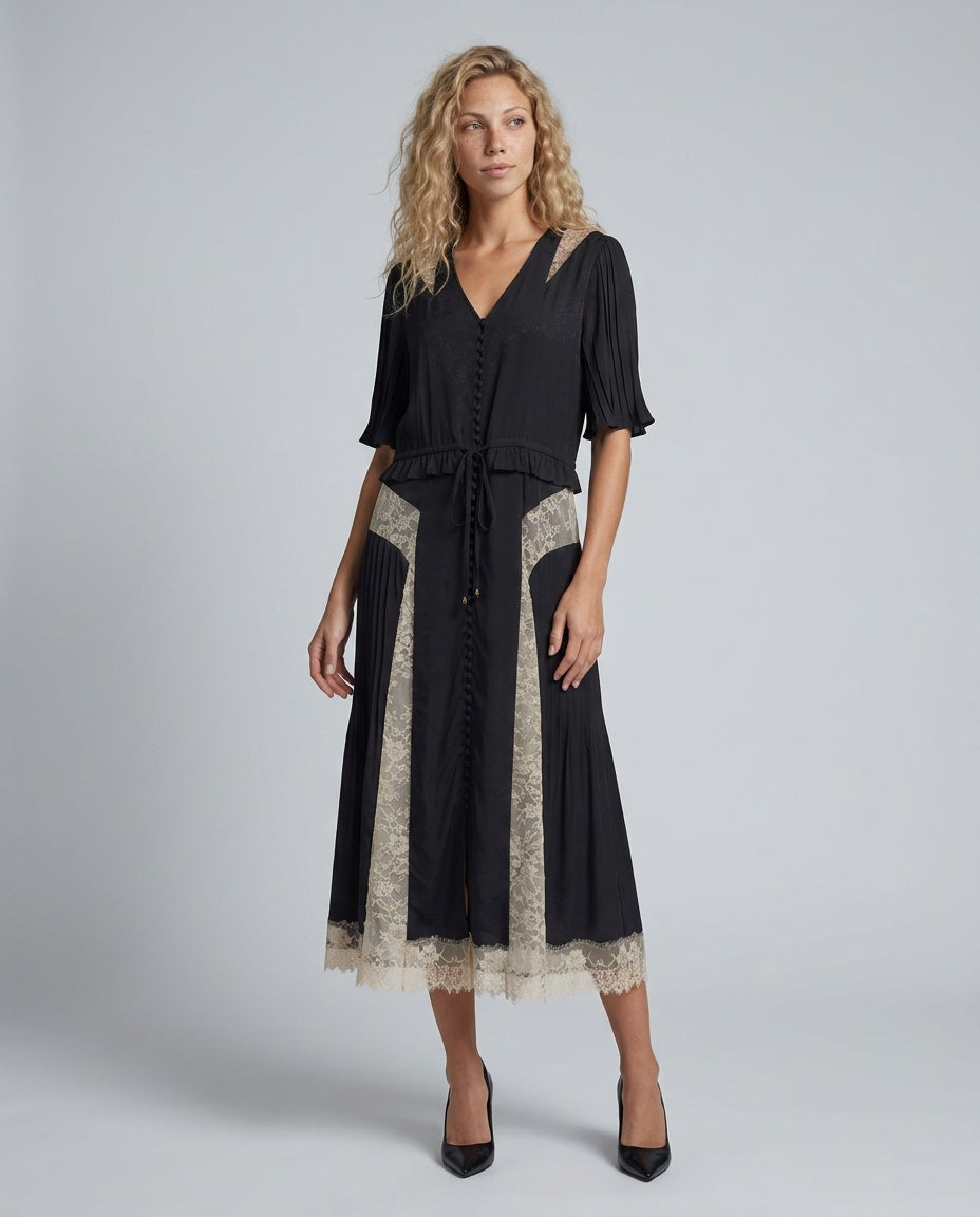 Florencia | V-Neck Contrast Lace Panel Midi Dress