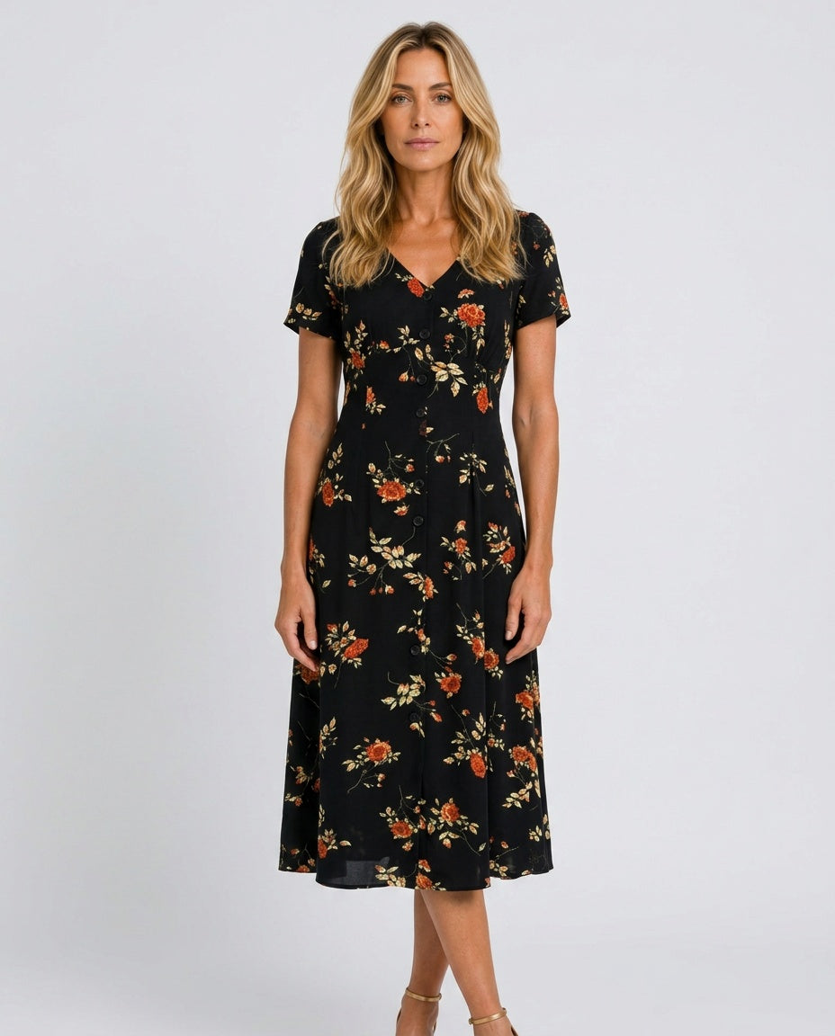 Valentina | Button-Front Floral A-Line Midi Dress