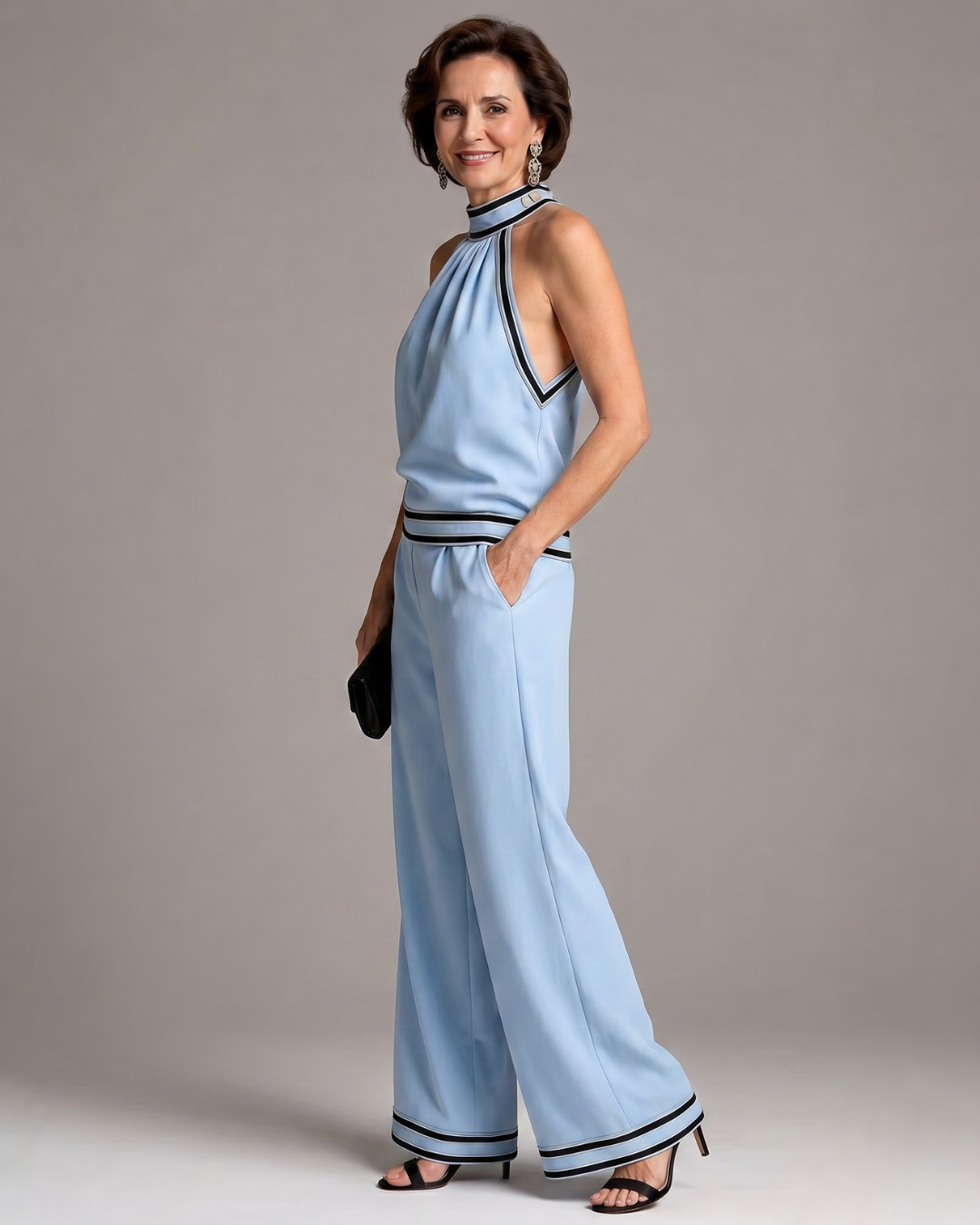 Bianca | Contrast Trim Halter Neck Wide Leg Jumpsuit