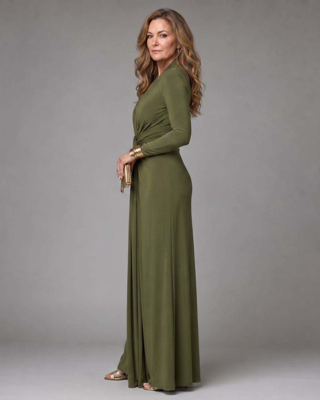 Beatriz | Draped Deep V-Neck Long Sleeve Maxi Dress