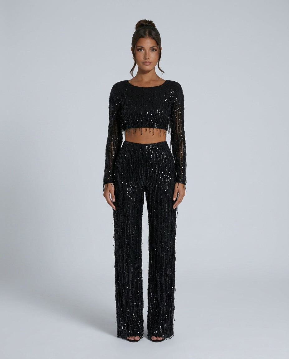 Talia | Sequin Crop Top & Wide-Leg Pants Set