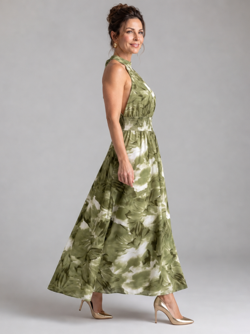 Imogen | Gathered Waist Abstract Print Midi Dress