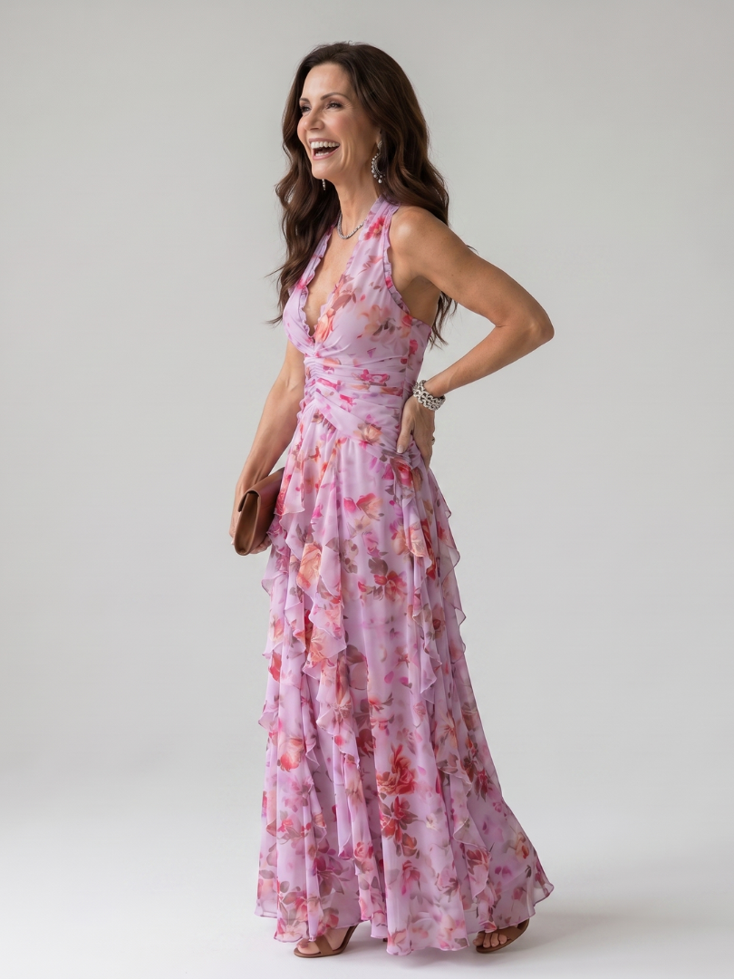 Piper | Halter Neck Ruched Floral Maxi Dress