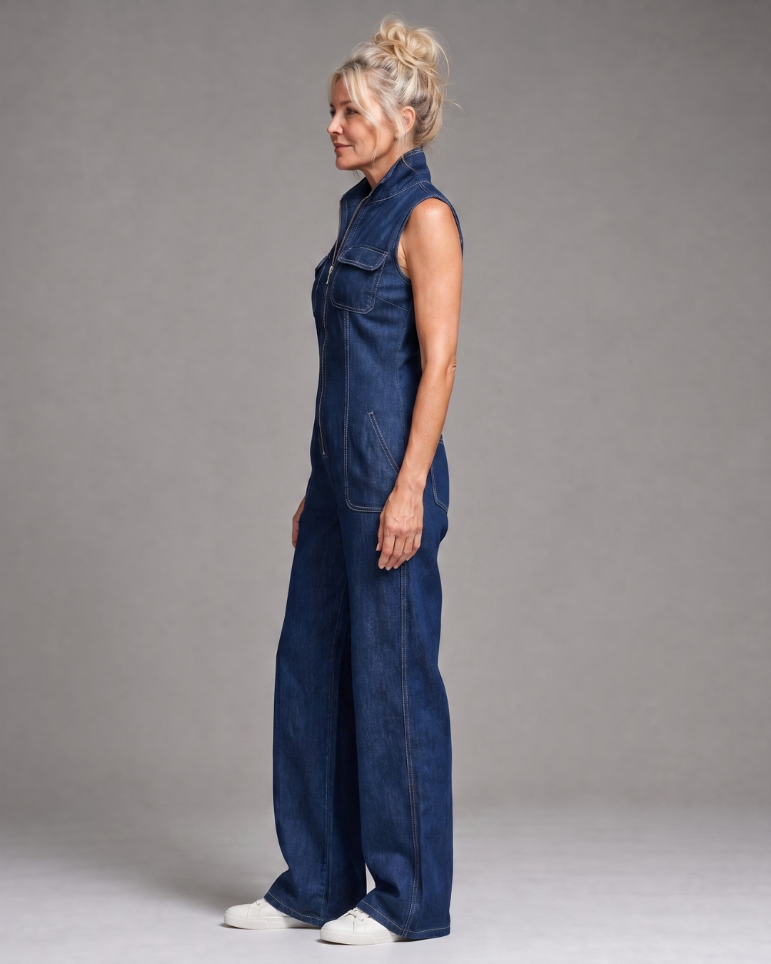 Cleona | Sleeveless Zip Front Wide Leg Denim Jumpsuit