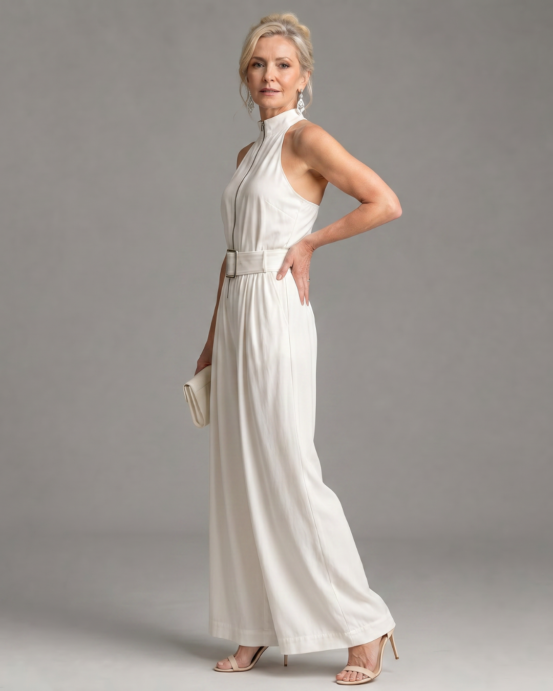 Stellara | Belted High Neck Sleeveless Wide Leg Jumpsuit