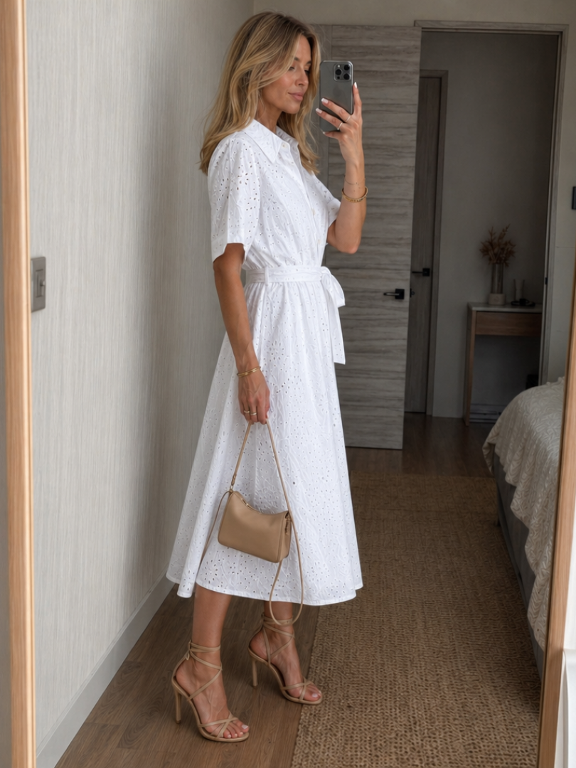 Josie | Short Sleeve Button-Front Waist-Tie Midi Dress