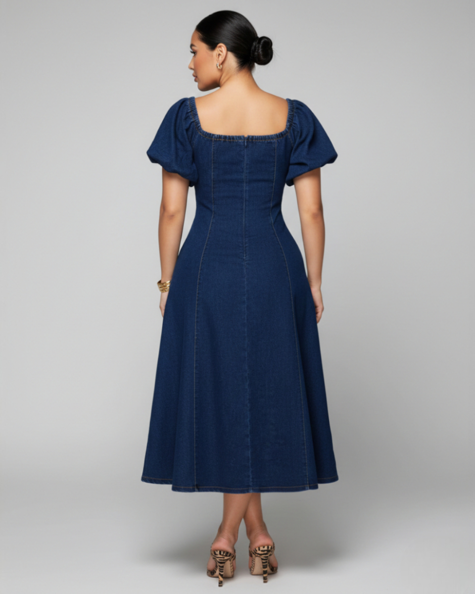 Harper | Denim Midi Dress with Square Neckline