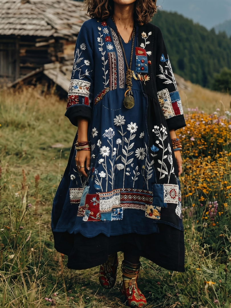 Wren | Embroidered Panel Long Sleeve Midi Dress