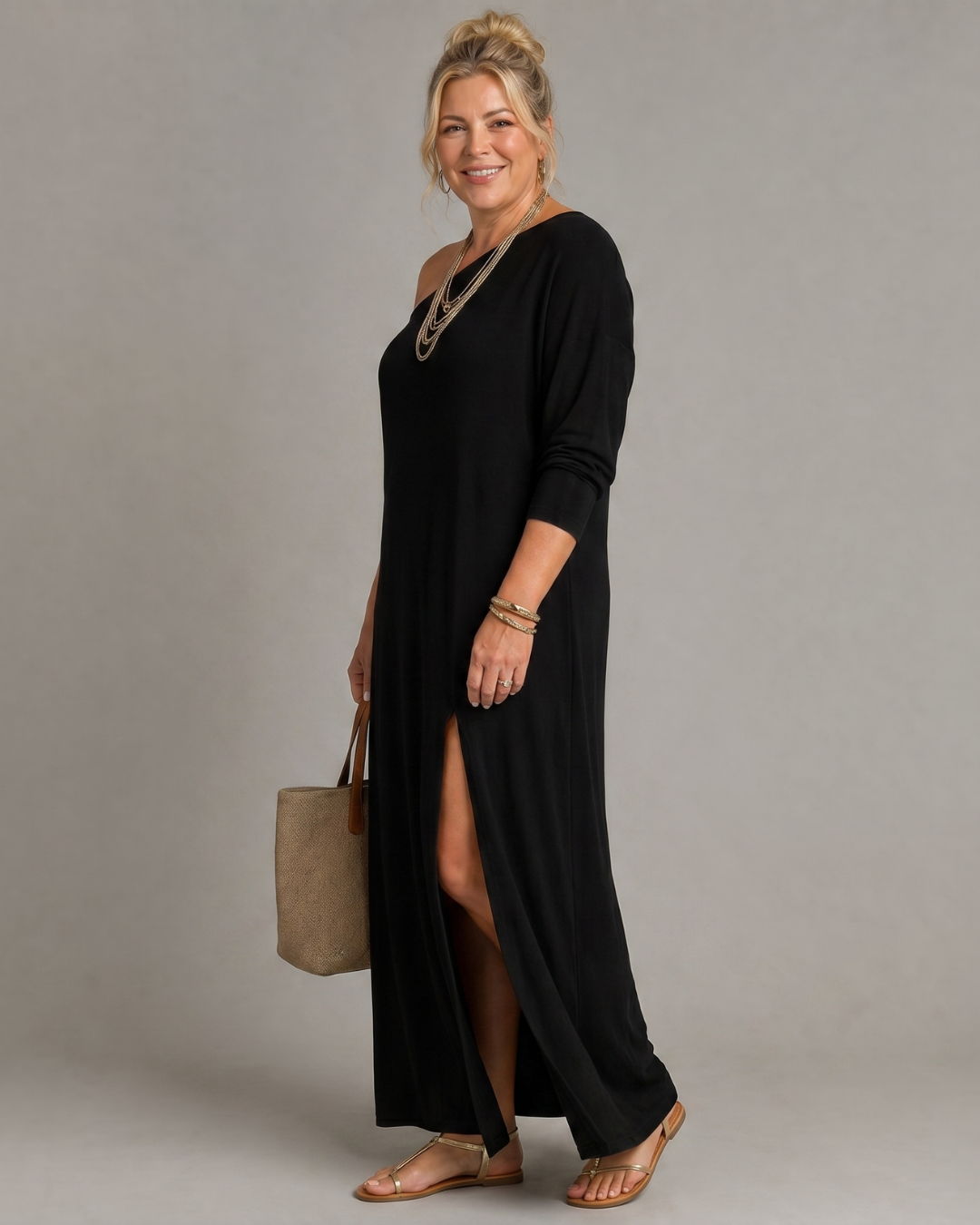 Ivy | One-Shoulder Side Slit Flowing Midi Dress