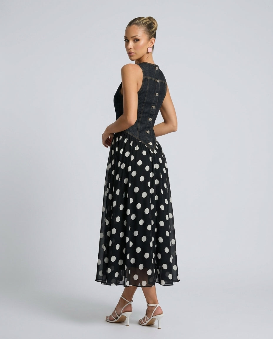 Noelia | Denim Bodice Polka Dot Midi Dress