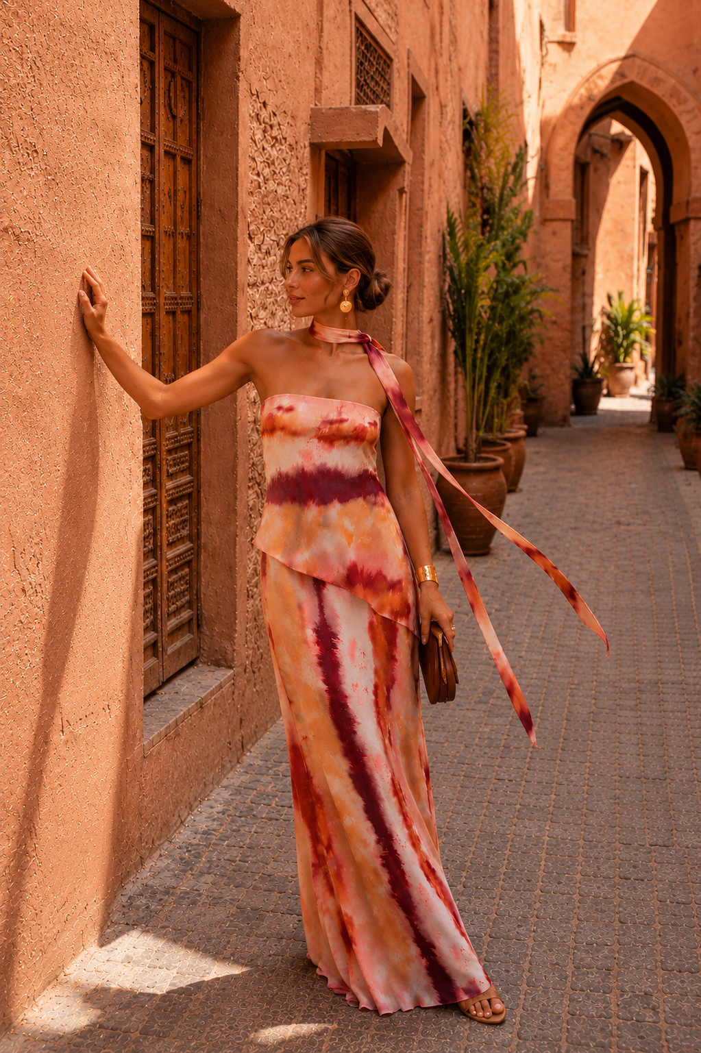 Ximena | Strapless Printed Neck Scarf Maxi Dress