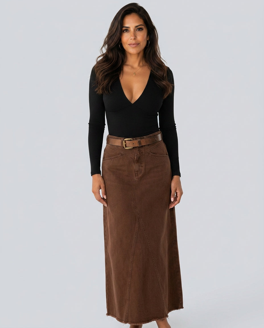 Hazel | High Waist Five Pocket Denim Maxi Skirt