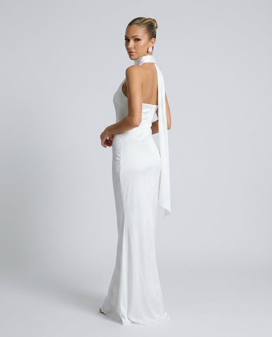Savannah | One-Shoulder Scarf Detail Satin-Look Maxi Dress