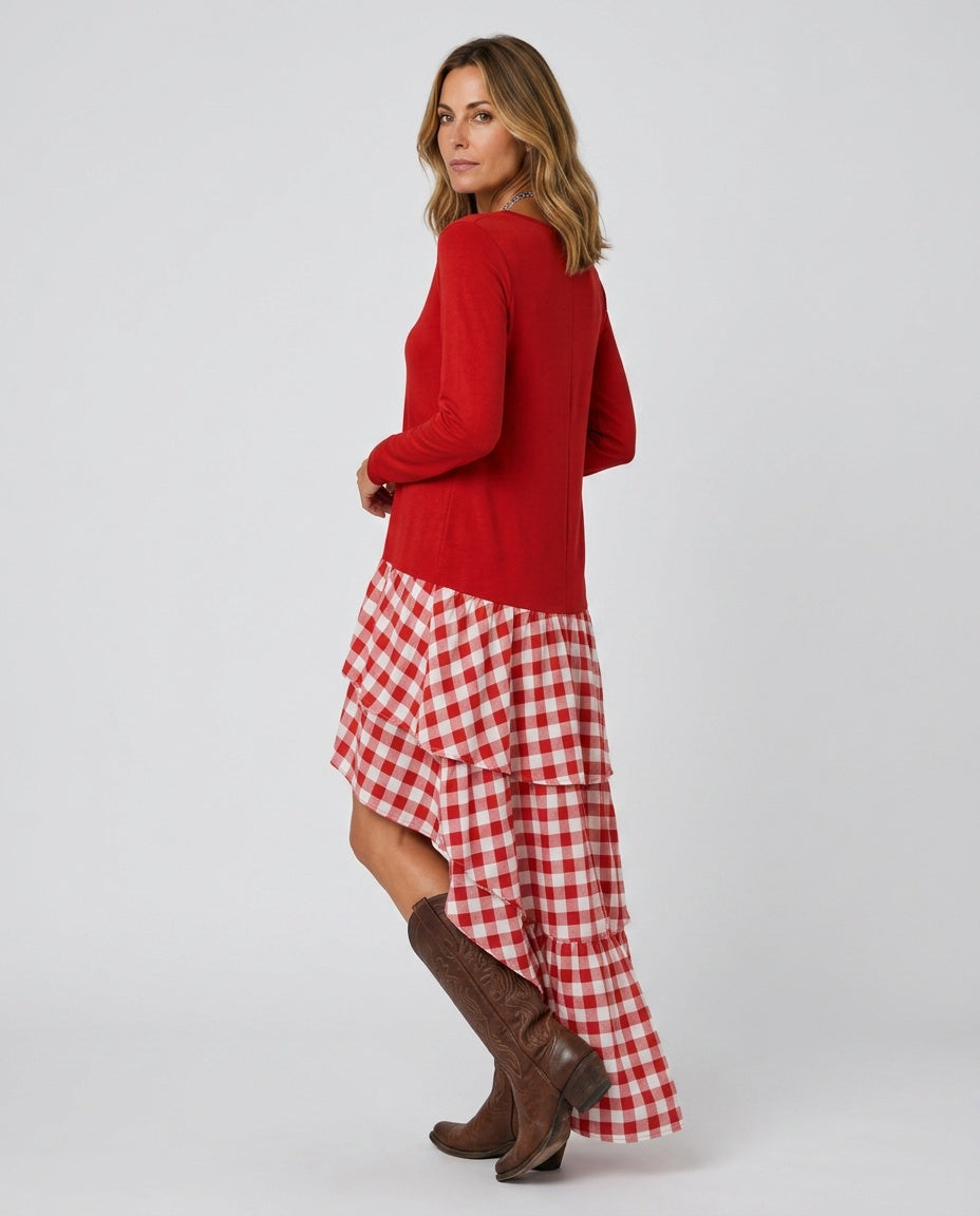 Reva | Gathered Gingham Asymmetric Maxi Dress