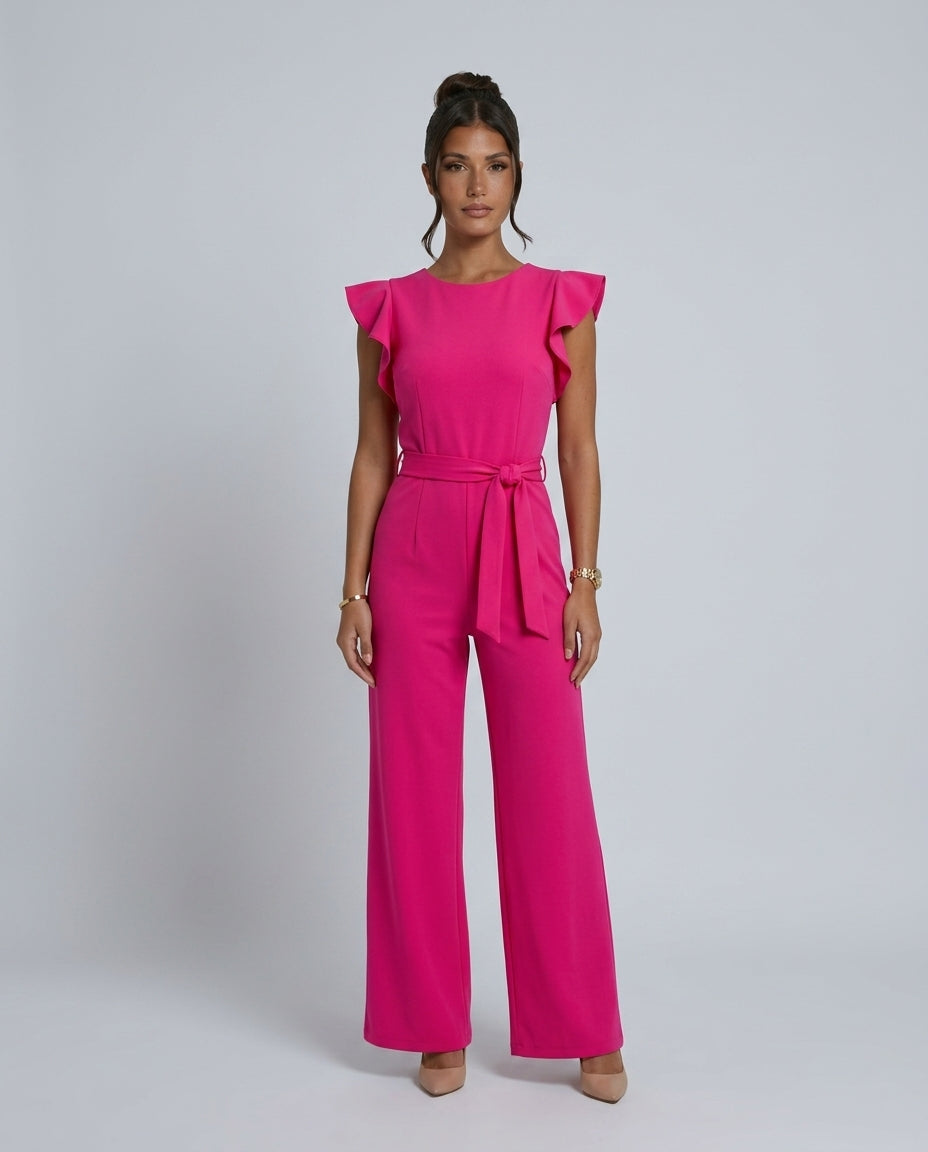 Cora | Ruffle Sleeve Tie Belt Straight Leg Jumpsuit