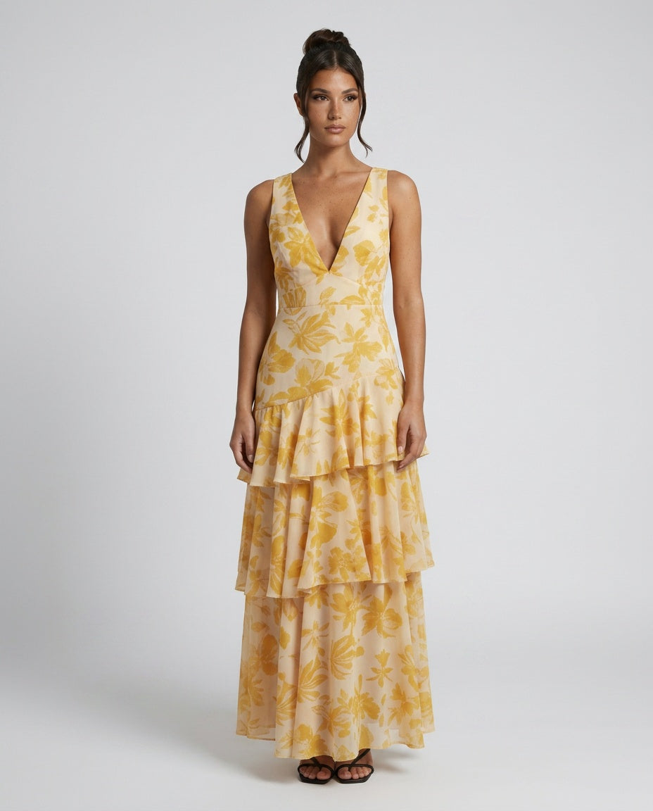 Harlow | V-Neck Plissé Pleated Maxi Dress