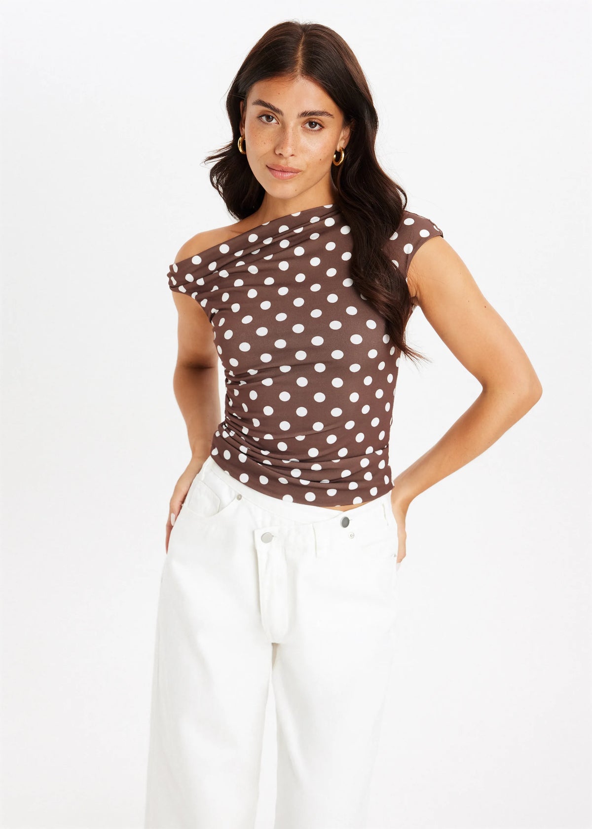 Georgia | One-Shoulder Pleated Polka Dot Top