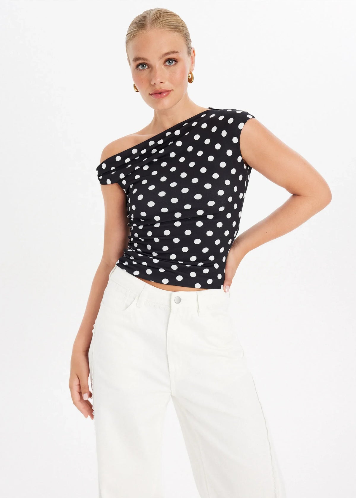 Georgia | One-Shoulder Pleated Polka Dot Top